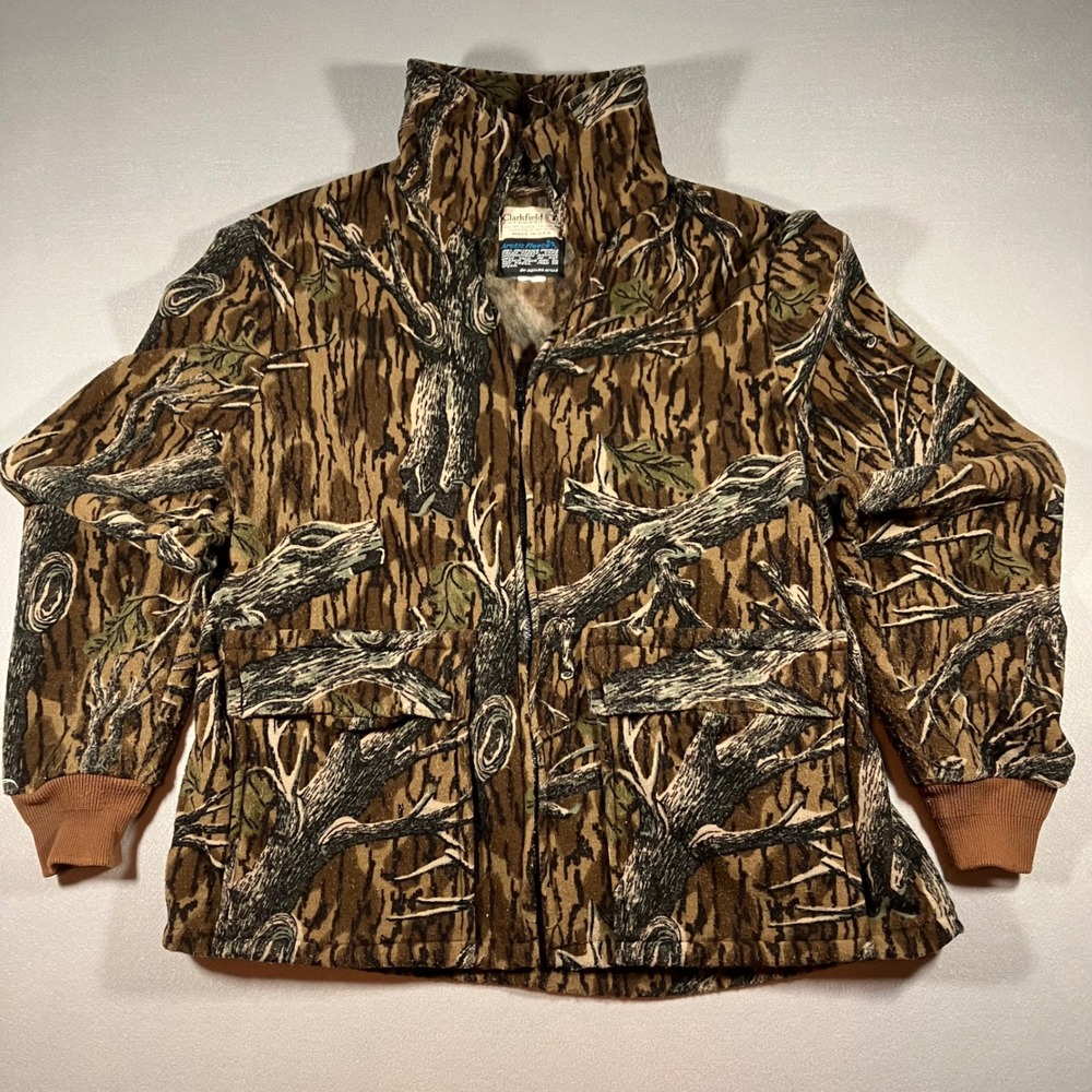 Vtg Clarkfield Outdoors Men XXL Tree Bark Camo Arctic Fleece Full Zip Jacket USA